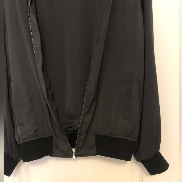 Black satin look bomber , silver zipper, size large, fits like medium - Picture 5 of 6